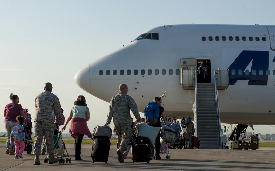 Families of U.S. airmen and Department of Defense civilians prepare to board an airliner at Incirlik Air Base, Turkey, in April 2016. The DOD, in coordination with the State Department, ordered the departure of all DOD dependents assigned to Incirlik Air Base. After the recent coup attempt in Turkey, the State Department has authorized the voluntary departure of family members of employees posted to the U.S. Embassy in Ankara and U.S. Consulate General in Istanbul.