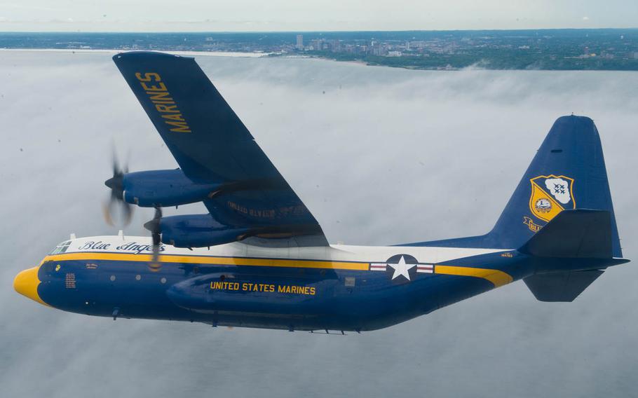 The Blue Angels' C-130 Hercules transport plane, affectionately known as "Fat Albert," flies in this undated photo provided by the Blue Angels.