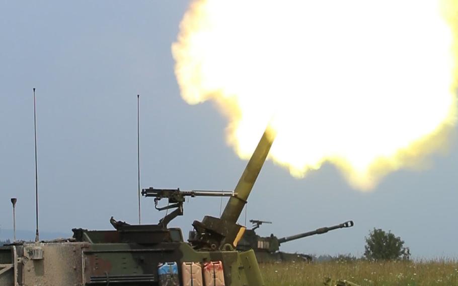 Two artillery batteries have made their way through a live-fire course at the Vilseck, Germany, ranges over the past month. Here, an M109A6 Paladin with Alpha Battery, 1st Battalion, 41st Field Artillery Regiment sends a round downrange on Tuesday, July 26, 2016.