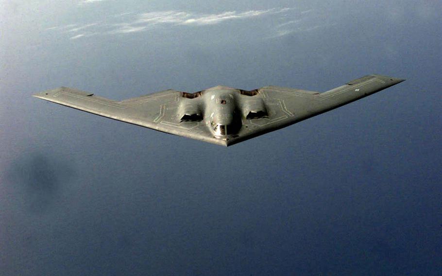 A B-2 Spirit stealth bomber flies over Europe in this undated Air Force photo. Angered by the recent deployment of B-2 bombers to Guam, North Korea has accused the U.S. of preparing for a surprise nuclear attack in connection with upcoming military exercises, and promised to retaliate.