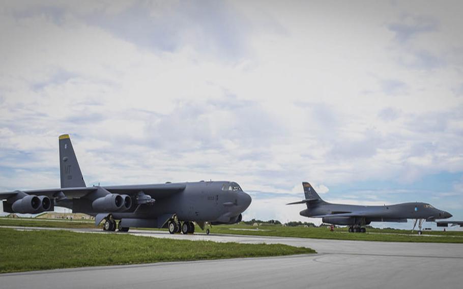 A B-52 Stratofortress, left to right, B-1 Lancer and B-2 Spirit share the flight-line at Andersen Air Force Base, Guam, Wednesday, Aug. 10, 2016. Secretary of the Air Force Deborah Lee James said this marks the first time in history all three bombers have been in the U.S. Pacific Command area of responsibility at the same time.