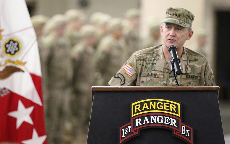 Gen. Daniel B. Allyn was the guest speaker at 1st Battalion, 75th Ranger Regiment award ceremony on Hunter Army Airfield, Savannah, Ga., on April 29, 2015. 
