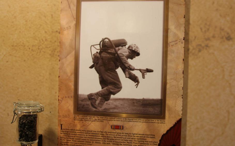 The 3rd Marine Division's new display inside its headquarters at Camp Courtney, Okinawa, includes sand from the battlefields on which the division fought during its storied history, along with other artifacts.