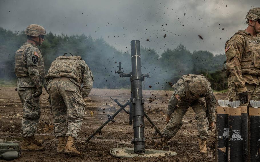 U.S. Army mortar teams fire the M120 Battalion Mortar System at Aibano Training Area near Osaka, Japan, Tuesday, Sept. 13, 2016, as part of Orient Shield 2016, an annual bilateral training exercise.