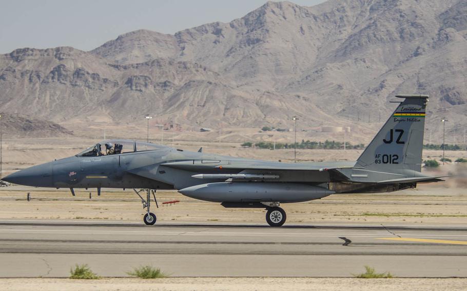 An F-15C Eagle from the 122nd Fighter Squadron, assigned to the 159th Fighter Wing, Louisiana Air National Guard, takes off during Red Flag 16 at Nellis Air Force Base, Nev., Aug. 24, 2016.