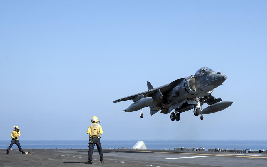 An AV-8B Harrier from the 22nd Marine Expeditionary Unit lands on the flight deck of the amphibious assault ship USS Wasp in the Mediterranean Sea, Sept. 14, 2016. The 22nd MEU, embarked on Wasp, is conducting precision airstrikes in support of the Libyan Government of National Accord-aligned forces against Islamic State targets in Sirte, Libya, as part of Operation Odyssey Lightning.