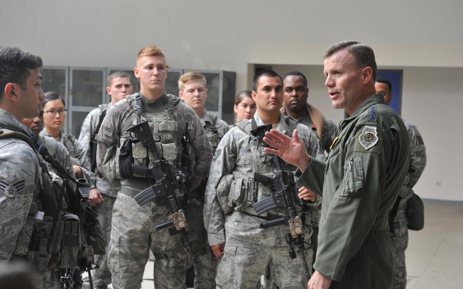 U.S. Air Force Gen. Tod D. Wolters, U.S. Air Forces in Europe and U.S. Air Forces Africa commander, speaks to members of the 39th Security Forces Squadron during a visit to Incirlik Air Base, Turkey, Aug. 31, 2016. The Defense Department has made assignments to Turkey one-year, unaccompanied tours for all DOD personnel.