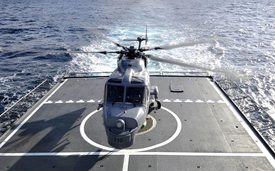 A South Korean navy Lynx helicopter takes part in exercises in the undated photo. A search was underway Tuesday, Sept. 27, 2016, for three crew members missing after a Lynx crashed into the sea off the country's east coast while participating in joint maritime drills with the U.S. Navy.
