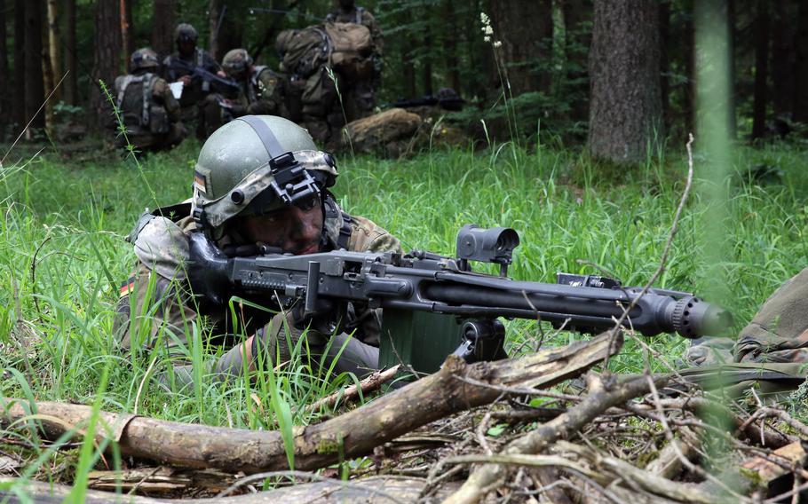 A German army soldier provides security while conducting a patrol during Swift Response 16 training exercise at the Hohenfels Training Area, Germany, Jun. 21, 2016. President-elect Donald J. Trump on Sunday issued a reminder that “America first” will be the guiding principle of U.S. foreign policy in the years ahead — a vague assertion that has left wide speculation about what that means for the U.S. military role in the NATO alliance.
