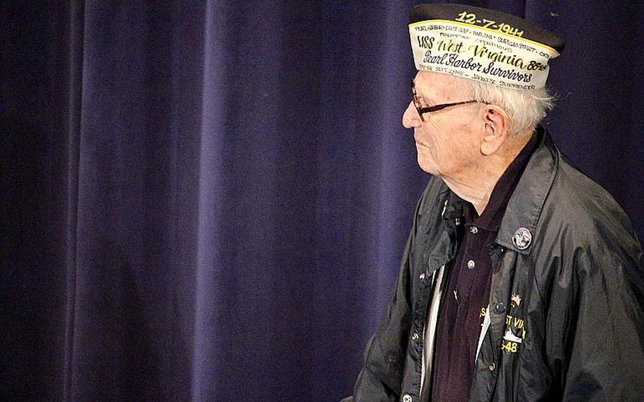 Adone "Cal" Calderone prepares to take his seat during the 19th annual American Veterans Center Veterans Conference & Honors and National Youth Leadership Summit in Washington, D.C. The former member of the US Navy band was on the battleship West Virginia when the bombing of Pearl Harbor took place.