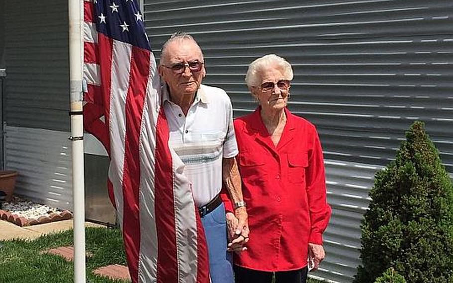 USS Arizona survivor Donald Stratton and his wife, Velma, married for 66 years, pose in a recent photo outside their home in Colorado Springs.