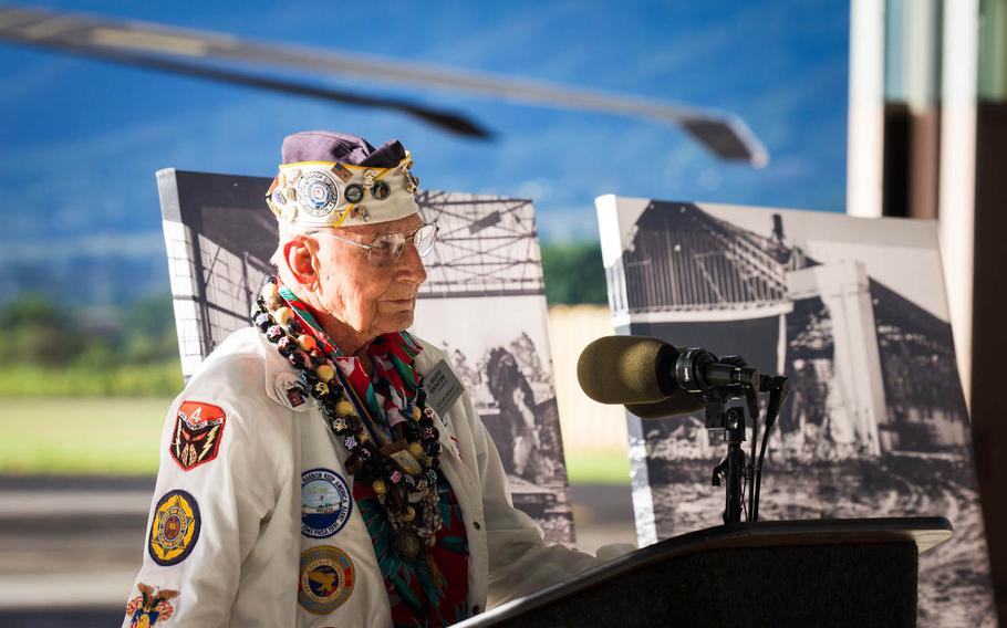 Stuart Hedley, 95, recalls his wartime experience, during the Wheeler Army Airfield remembrance ceremony, Monday, Dec. 5, 2016. The Japanese attack in 1941 left 33 dead and 75 wounded at Wheeler, which was designated a National Historic Landmark in 1987.
