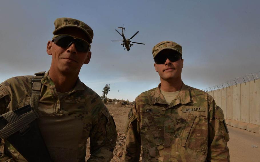 Pictured here on Qayara Airfield West, Iraq, are U.S. Army Master Sgt. Michael Pike, left, and 1st Lt. Brayton Kline, both of the 282nd Engineer Company, Nov. 21, 2016. Engineers rebuilt the base ahead of the campaign to retake Mosul from Islamic State militants.