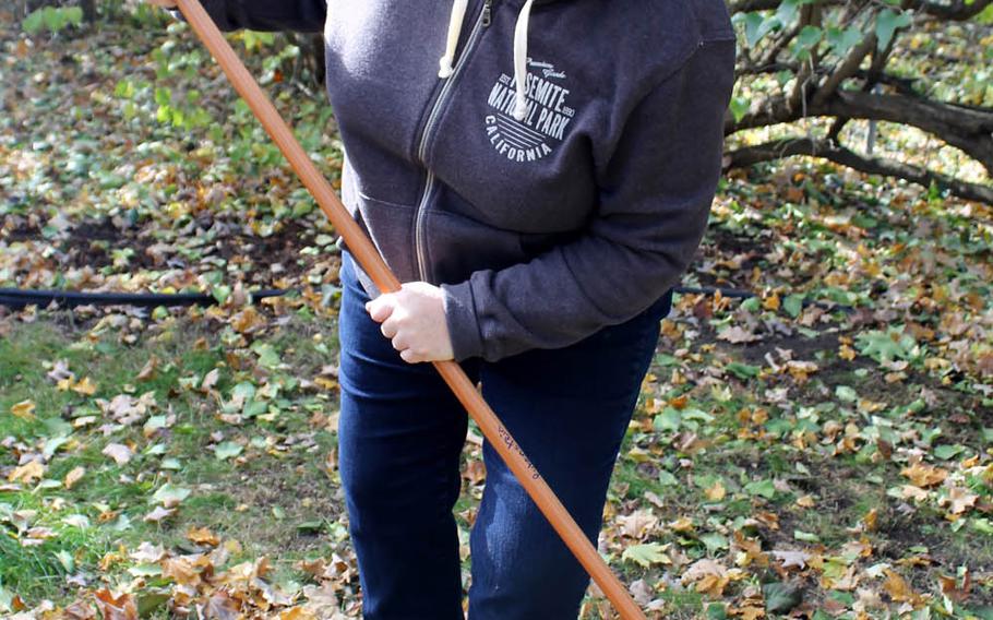 Fifth-grade teacher Carol Gannon rolls up her sleeves and digs in to the raking.
