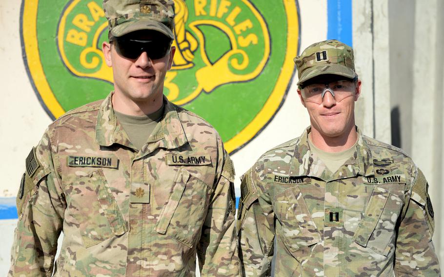 Maj. Pete Erickson, left, and his younger brother, Capt. Paul Erickson, pose for a photo at Tactical Base Gamberi on Tuesday, Dec. 6, 2016. The two have been stationed at the base since late spring and say being together makes spending the holidays away from home easier.