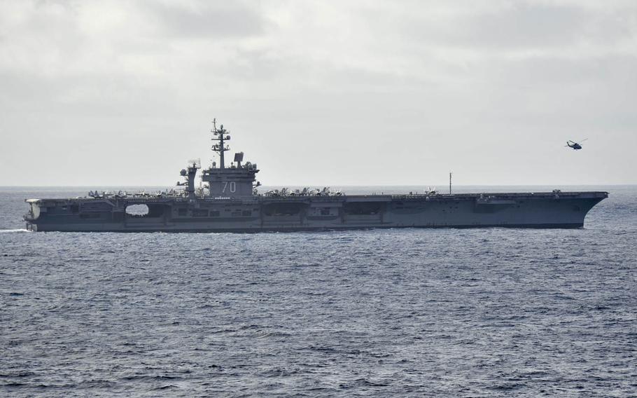 The USS Carl Vinson trains off the coast of Southern California in October. The carrier and its strike group will deploy this week to the Western Pacific.