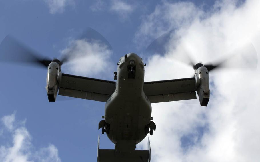 A Marine Corps MV-22B Osprey from Marine Medium Tiltrotor Squadron 265, Marine Aircraft Group 36, 1st Marine Aircraft Wing prepares to land during an air-assault drill as part of November's Blue Chromite exercise on Okinawa.