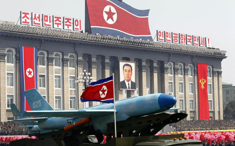 This undated photo from North Korea's Korean Central News Agency shows what appears to be a drone during a military parade in Pyongyang.