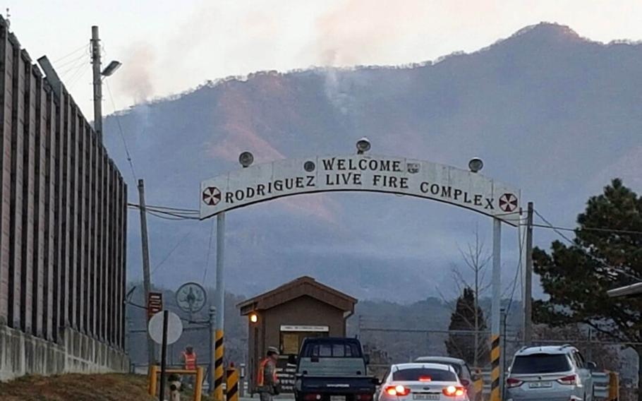 A U.S. Kiowa helicopter sparked a fire during a training exercise on the mountainside at the Rodriguez Live Fire Range, South Korea, on Tuesday, Jan. 17, 2016. The fire was extinguished Wednesday, but the blaze left an area the size of half a football field charred.
