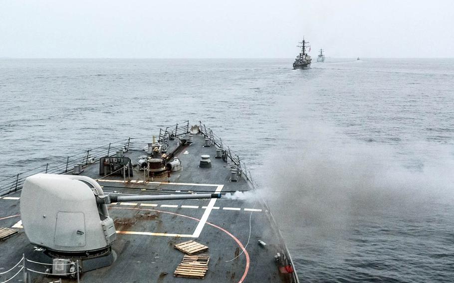 The USS Stethem, foreground, takes part in a live-fire exercise off the Korean peninsula in October. The guided-missile destroyer kicked off missile detection and tracking drills with South Korea and Japan in those waters, Friday, Jan. 20, 2016.