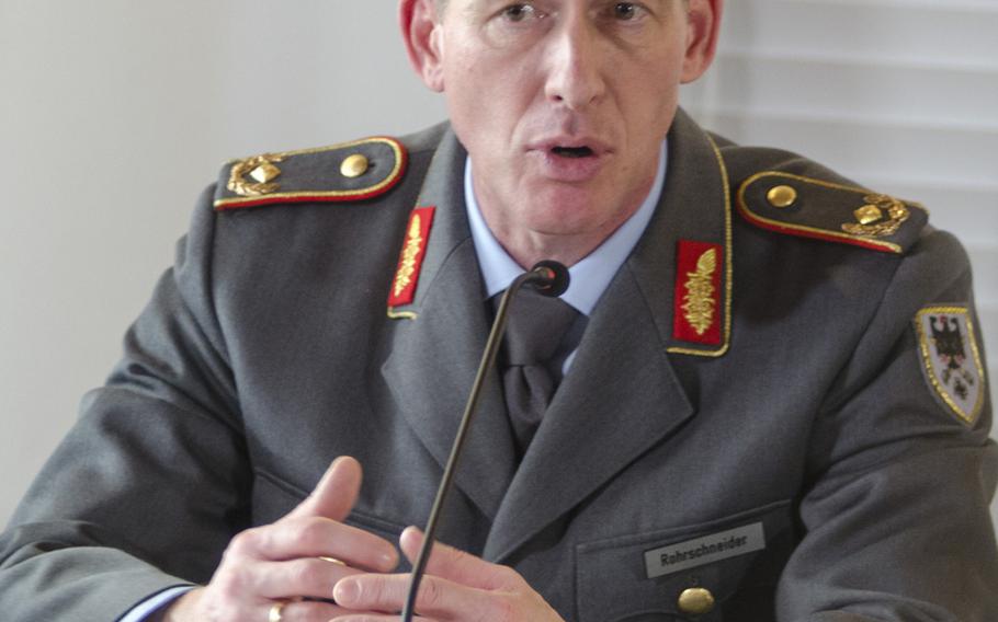 German Army Brig. Gen. Kai Rohrschneider speaks at a press conference following a ceremony welcoming him as the new U.S. Army Europe chief of staff, Thursday, Jan. 26, 2017 at Clay Kaserne in Wiesbaden.