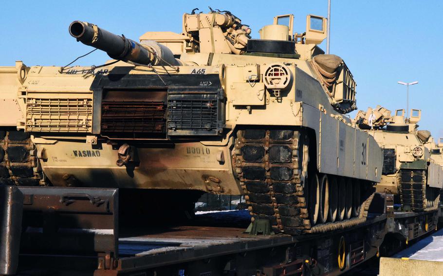 M1 Abrams tanks arrive at the Grafenwoehr Training Area, Germany, Friday, Jan. 27, 2017. The first wave includes 17 tanks, with more to come throughout the week.