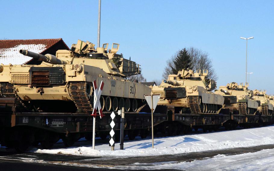 M1 Abrams tanks arriving to the Grafenwoehr Training Area, Germany, Friday, Jan. 27, 2017. These are the first tanks to push out from Poland during Operation Atlantic Resolve. Martin Egnash/Stars and Stripes