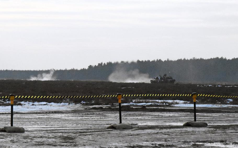 American and Polish tanks fire during the live firing exercise in Zagan, Poland, on Monday, Jan. 30, 2017.