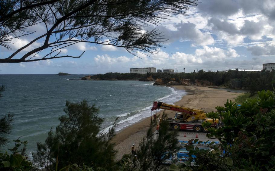 The Okinawa Defense Bureau is placing 228 concrete blocks at the bottom of Oura Bay off Camp Schwab, the first major step in building a runway that will facilitate the controversial relocation of Marine forces within the island prefecture.
