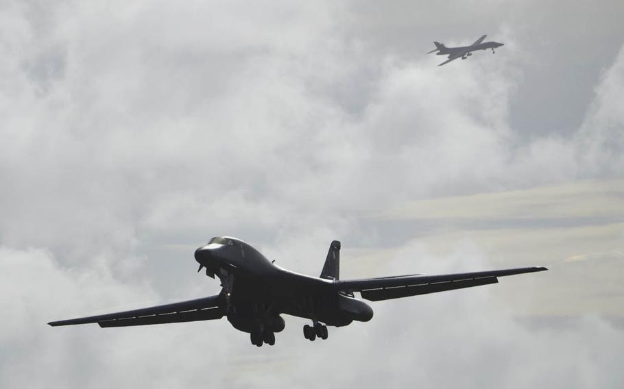 An Air Force B-1B Lancer assigned to the 9th Expeditionary Bomb Squadron and deployed from Dyess Air Force Base, Texas, lands at Andersen Air Force Base, Guam, Monday, Feb. 6, 2017.