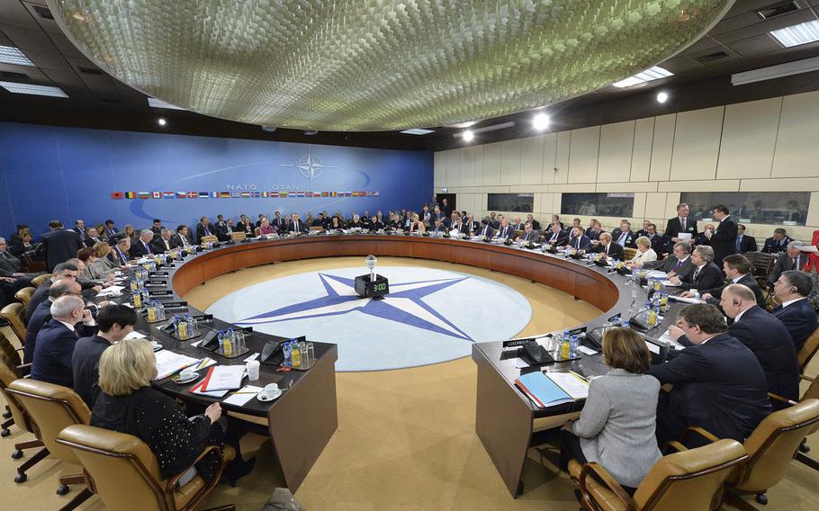 General view of the meeting of the NATO defense ministers at the alliance's headquarters in Brussels on Thursday, Feb. 16, 2017.