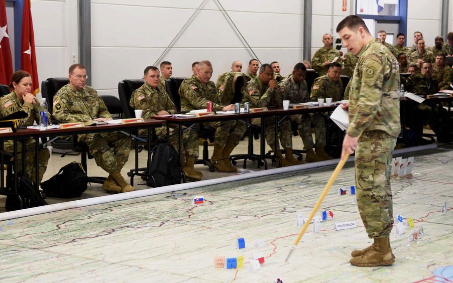 U.S. Army Europe commanders plan the road march from Vilseck, Germany, to Orzysz, Poland, as part of the NATO's Enhanced Forward Presence initiative, on Friday, Feb. 24, 2017.