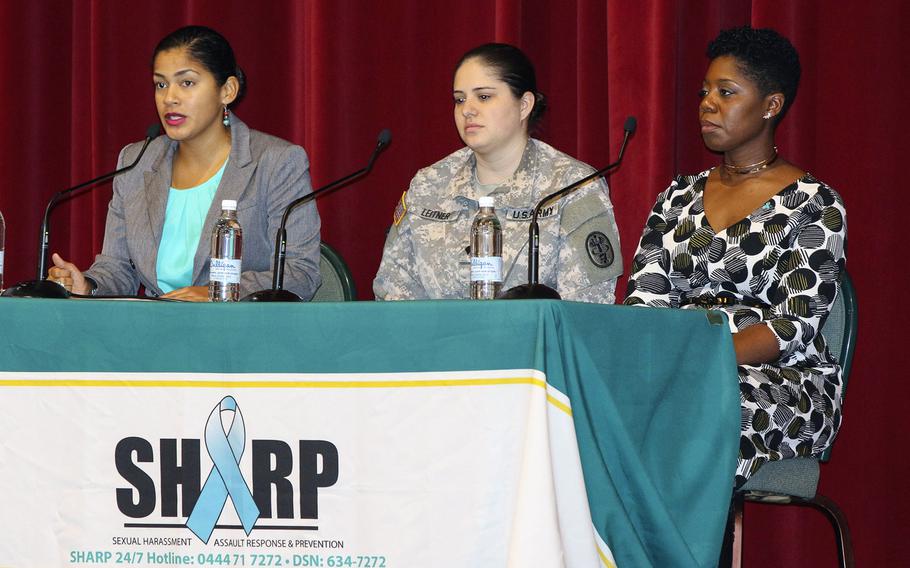 Capt. Joanna Moore, left, and Spc. Brittany Leitner, center, discussed their sexual assaults at a SHARP summit on sexual harassment and assault on Thursday, March 3, 2017, at Caserma Ederle in Vicenza, Italy. With them was Stacy Taylor, a Sexual Assault & Response coordinator.