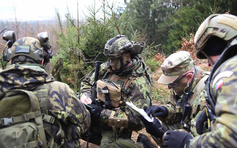 U.S. and Czech soldiers coordinate artillery fire during Operation Dynamic Front on Wednesday, March 8, 2017.