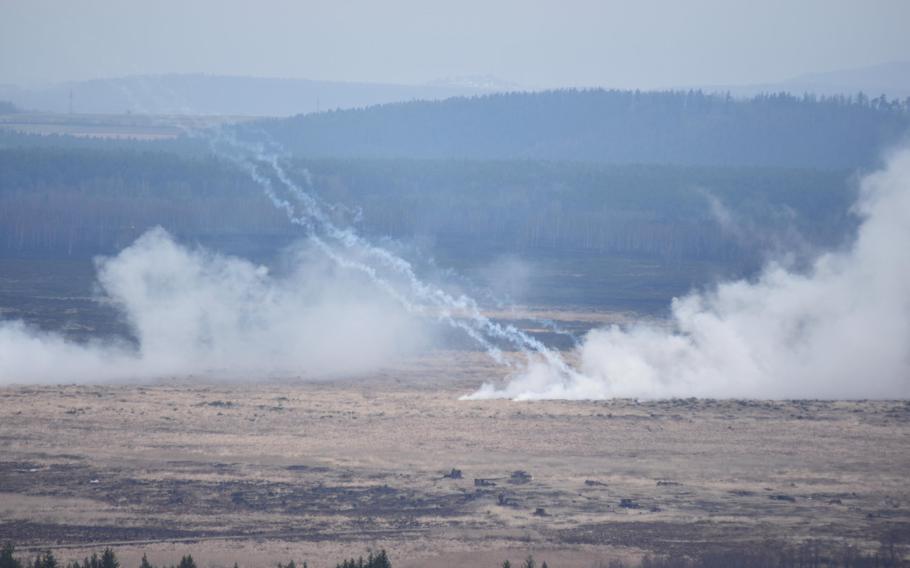 Smoke and artillery rounds barrage the target area during Exercise Dynamic Front on Wednesday, March 8, 2017.