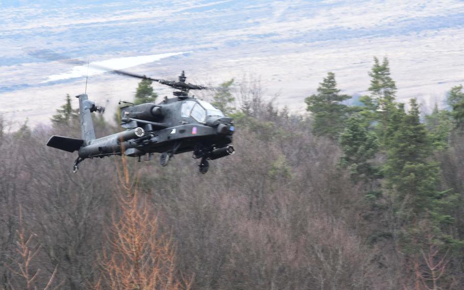 An Apache helicopter returning from air-to-ground assault training conducted during Exercise Dynamic Front on Wednesday, March 8, 2017.