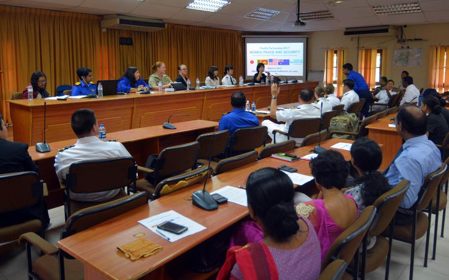 A panel of civilian and military officials answer questions during the Women, Peace and Security conference, part of the Navy-led Pacific Partnership exercise in Matara, Sri Lanka, Thursday, March 9, 2017.