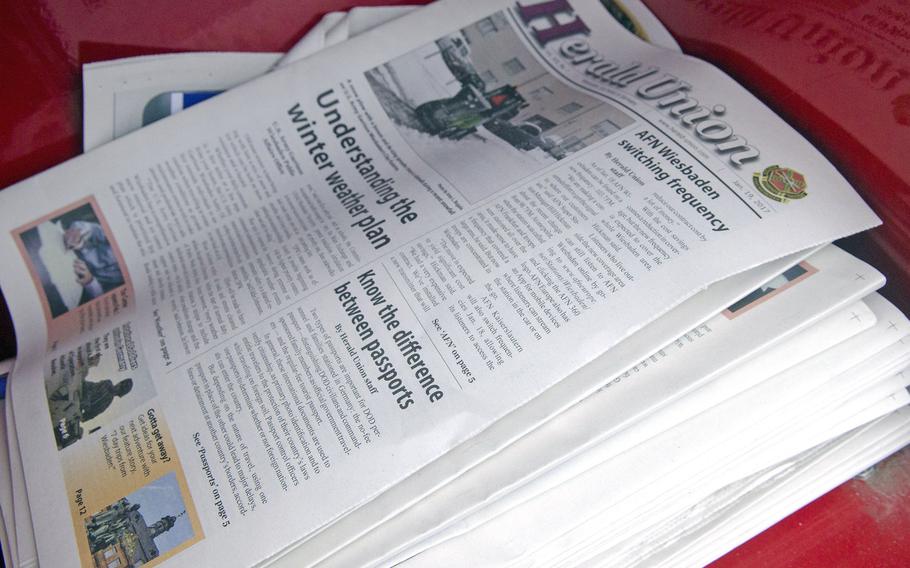A copy of the Herald Union, official newspaper of U.S. Army Garrison Wiesbaden, on display in a kiosk. The Herald Union and fellow garrison paper the Stuttgart Citizen will no longer be available in print after their next editions, respectively March 30 and 23, 2017.