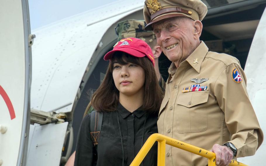 Battle of Iwo Jima veteran Jerome Yellin arrives on the island, now known as Iwo To, for a ceremony marking the battle's 72nd anniversary, Saturday, March 25, 2017.