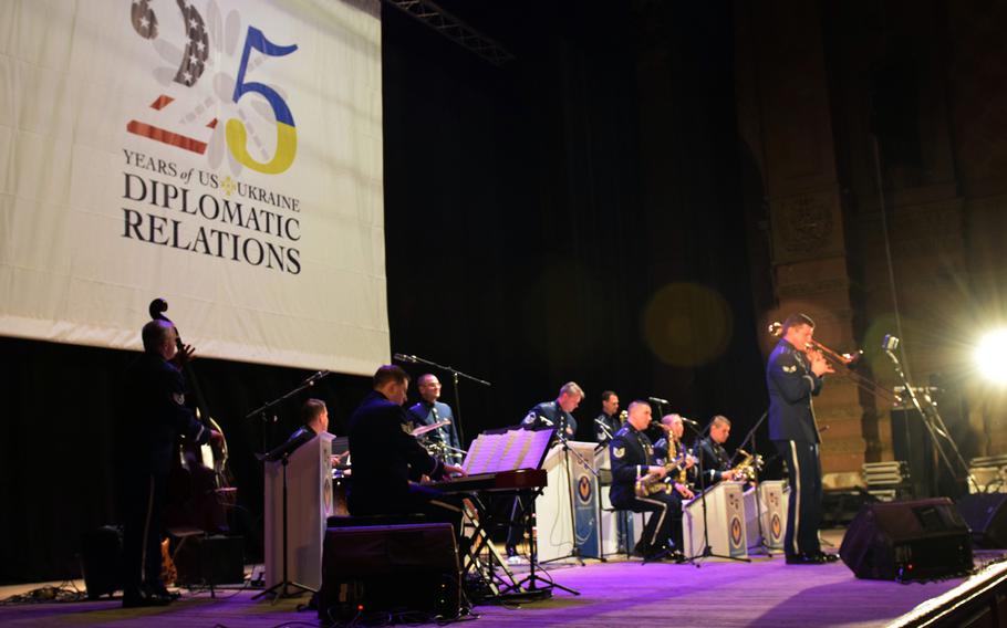 Senior Airman James Hubbard plays a solo during a performance by the U.S. Air Forces in Europe jazz band at the Odessa Philharmonic in Odessa, Ukraine, March 26, 2017. The ensemble played for a standing-room crowd of more than 1,000.