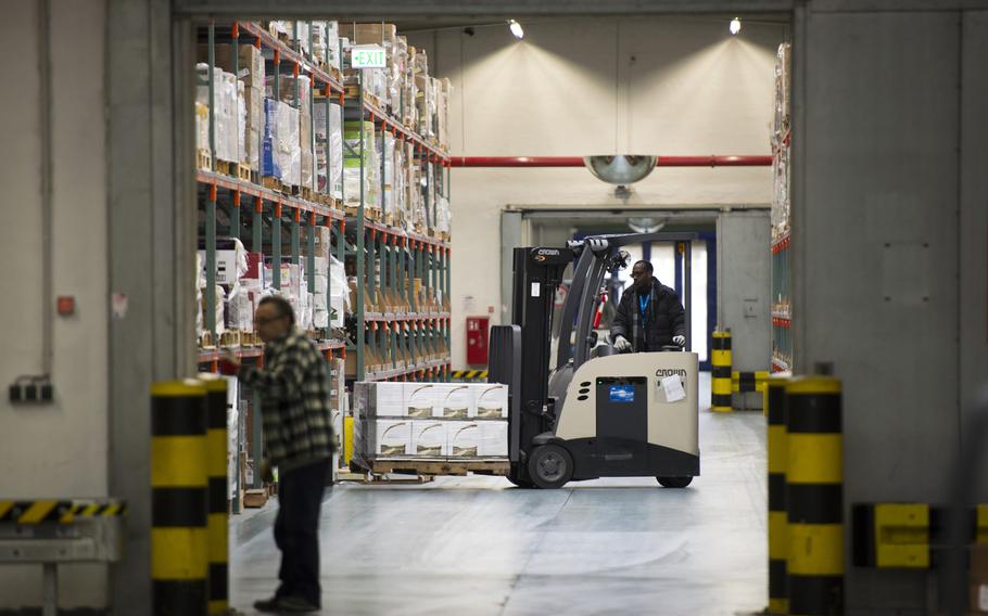 A forklift operator moves a pallet at the Army and Air Force Exchange Service distribution center at Germersheim Army Depot, Germany, on Wednesday, Feb. 1, 2017. The Defense Logistics Agency is seeking approval from the German government to increase storage space at the depot. The project comes on the heals of AAFES' recent opening of a central distribution site at the Germersheim site.