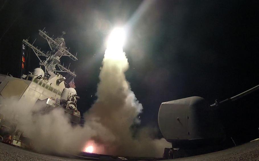 The guided-missile destroyer USS Porter conducts strike operations while in the Mediterranean Sea, Friday, April 7, 2017. Porter, forward-deployed to Rota, Spain, is conducting naval operations in the U.S. 6th Fleet area of operations in support of U.S. national security interests in Europe.