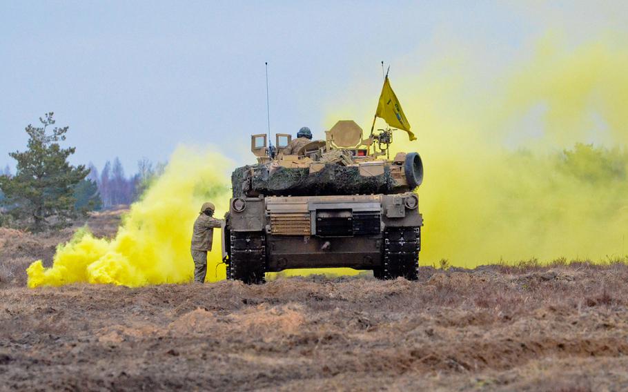 Soldiers from 3rd Armored Brigade Combat Team, 4th Infantry Division, conduct a tank live-fire and react-to-fire exercise on Adaui military base, Latvia, as a part of Operation Atlantic Resolve, Sunday, April 9 2017. Four soldiers are in good condition after being treated for carbon monoxide exposure when their M1A2 Abrams tank malfunctioned on an exercise, the military said.