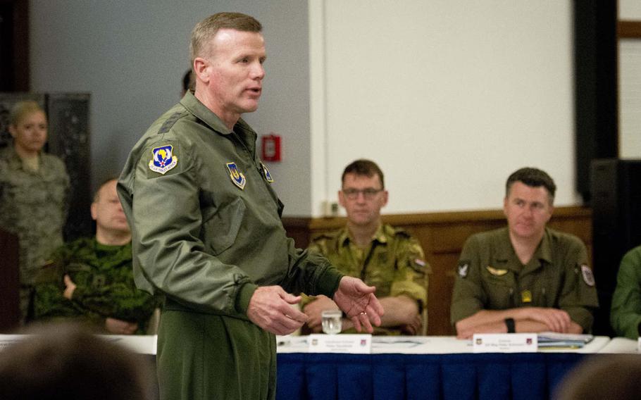 Gen. Tod Wolters, U.S. Air Forces in Europe and Africa commander, gives opening remarks during the firstl European Air Operations Center Commander Summit at Ramstein Air Base, Germany, on Thursday, April 13, 2017. AOC commanders and personnel from 20 countries met at to discuss ways to increase operability and connectivity between the participating nations.