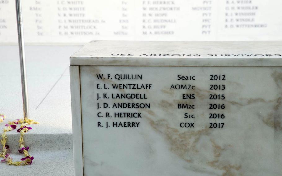 Raymond Haerry's name is among the small group of USS Arizona survivors who chose to be interred in the sunken hulk of the ship laying beneath the waters of Pearl Harbor. One of only a handful of survivors left, Haerry died in September and was interred on April 15, 2017.