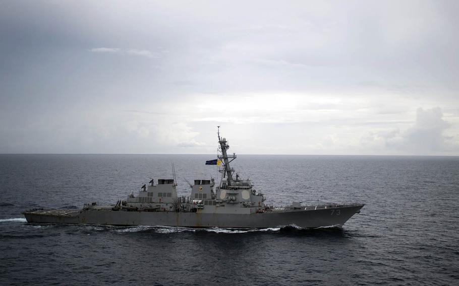 The guided-missile destroyer USS Decatur transits the South China Sea as part of the Bonhomme Richard Expeditionary Strike Group, Oct. 13, 2016.