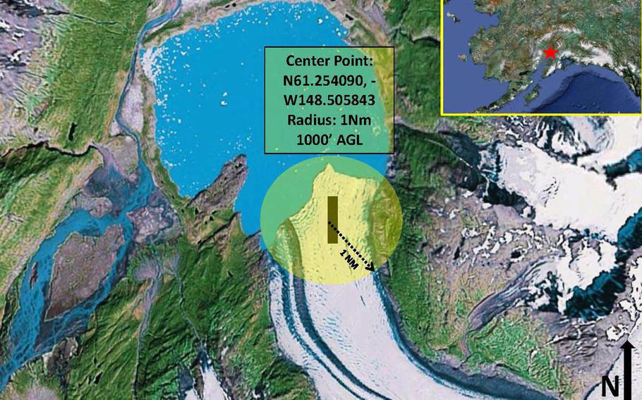 The Federal Aviation Administration has implemented a five-month flight ban within one nautical mile of the tip of Colony Glacier, as shown in this graphic from Alaskan Command. The action was taken to prevent sightseers from disturbing the unrecovered remains of 17 people on the glacier from a 1952 Air Force plane crash.