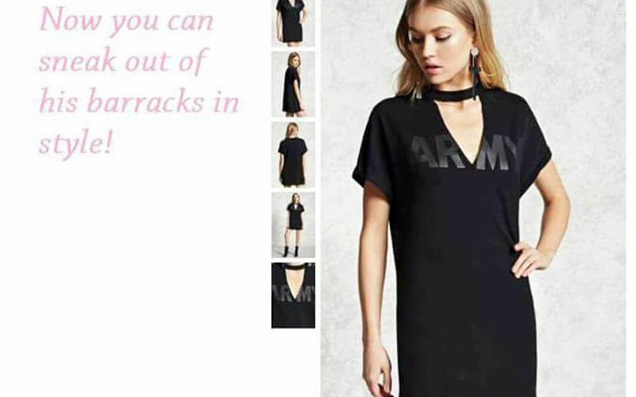 Forever 21's "Army Choker T-shirt dress" was marketed with the slogan "Now you can sneak out of his barracks in style!"