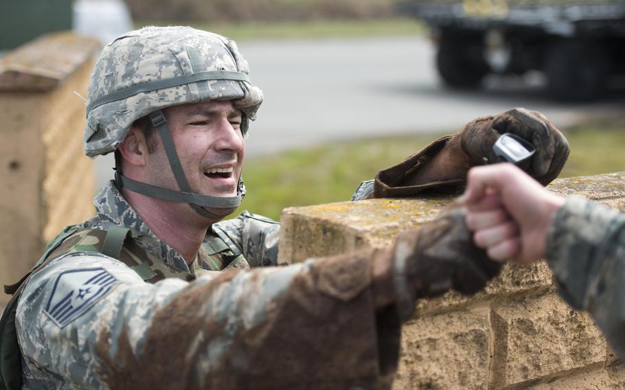 Master Sgt. David Thomas, from the 435th Construction and Training Squadron, takes a short break during the 435th Contingency Response Group Olympics at Ramstein Air Base, Germany, on Friday, May 5, 2017.