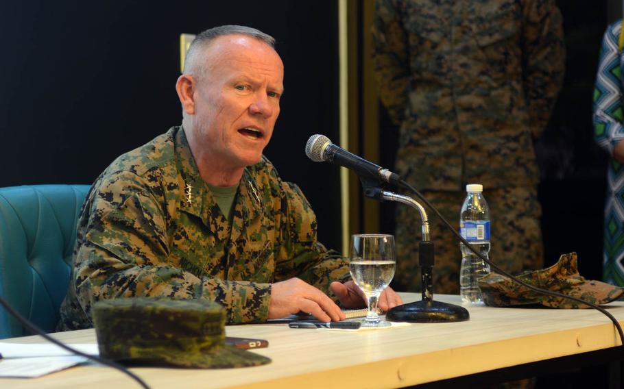 III Marine Expeditionary Force commander Lt. Gen. Lawrence Nicholson, gave upbeat answers to reporters' questions about the Balikatan drills at Camp Aguinaldo, Philippines, Monday, May 8, 2017.